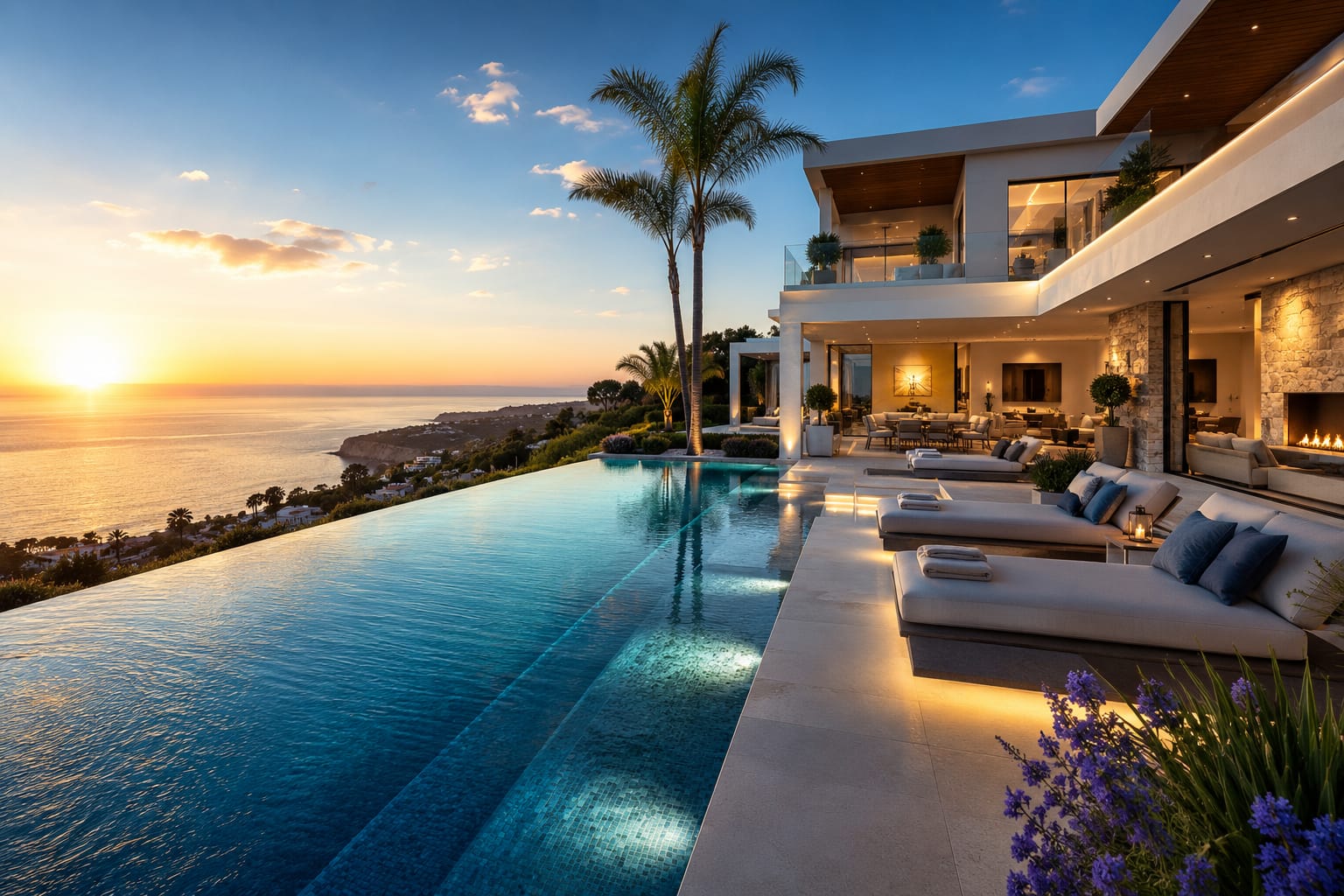 Piscina infinity con vivienda de lujo, vistas al mar y atardecer